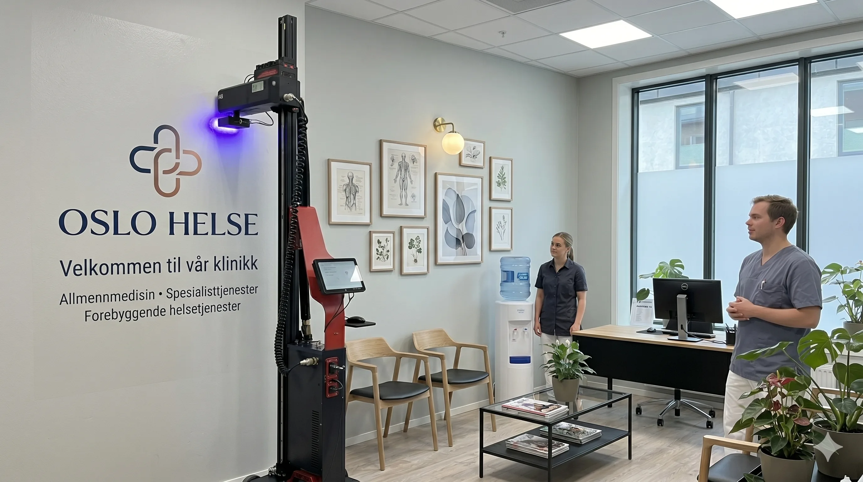 Klinikkresepsjon med rolig profil og veggprint direkte på vegg.