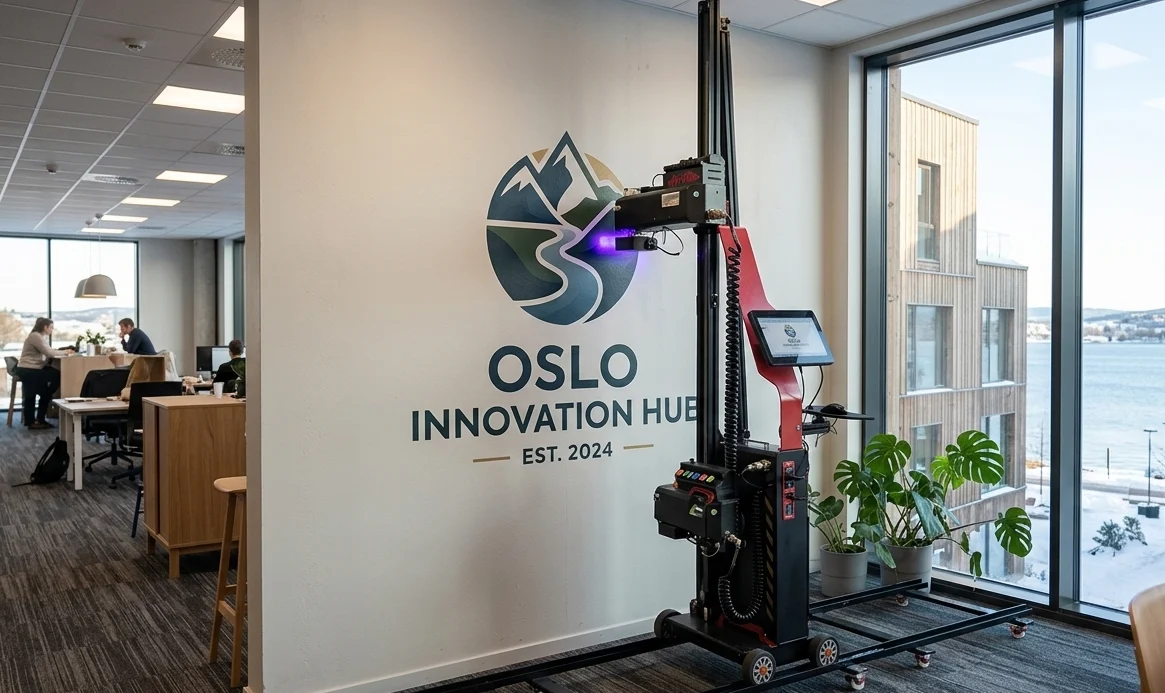 UV-veggprinter som printer logo direkte på vegg i et moderne kontor.
